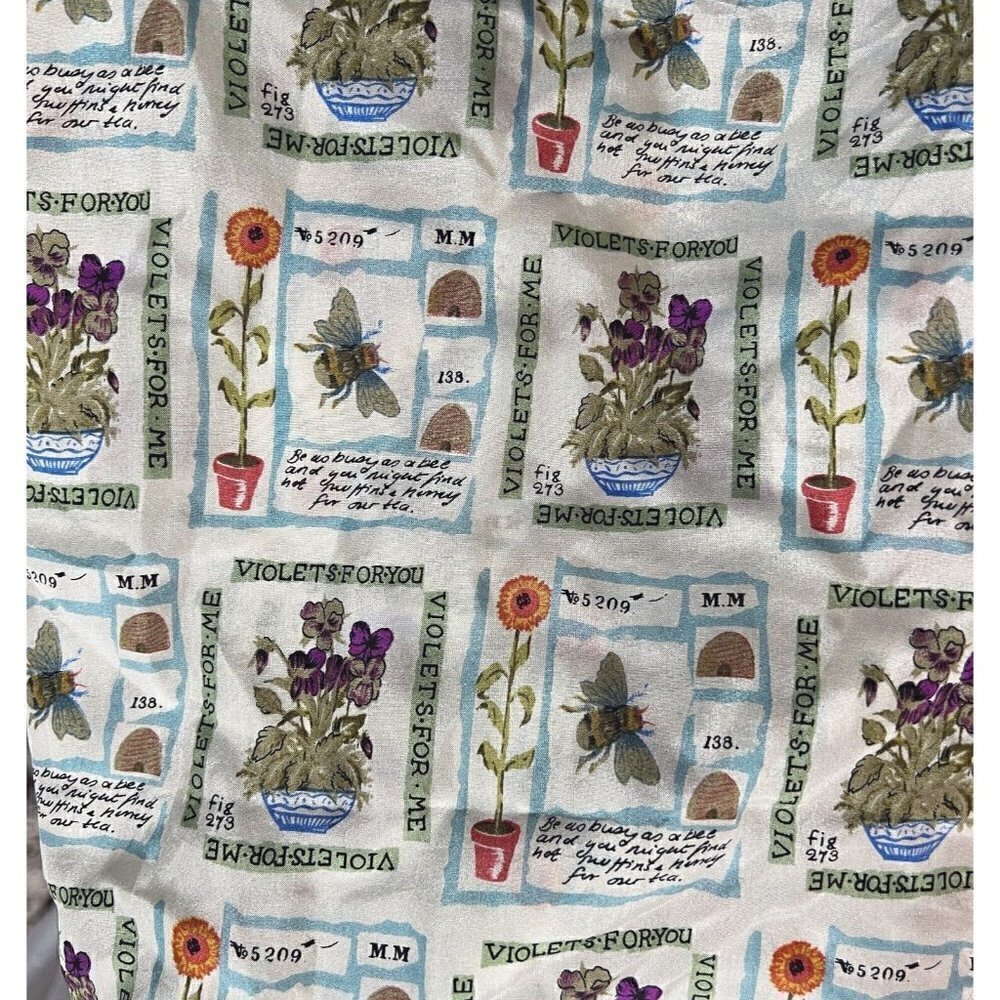 Vintage 100% Silk Violets Floral Print Bumblebee Rectangle Wrap Scarf